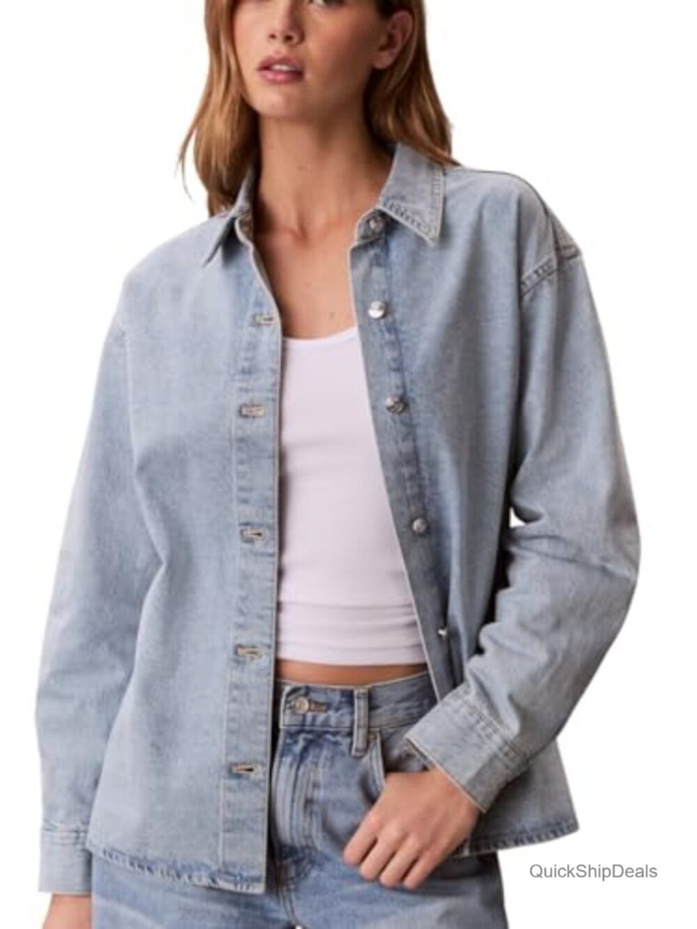 Rigid Cotton Denim Shirt Jacket Button Front Drop Shoulder